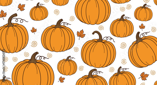 A delightful pattern of various orange pumpkins and autumn leaves.
