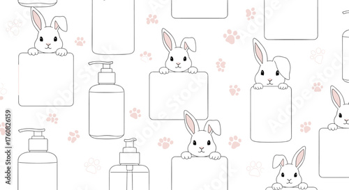 Adorable bunnies peeking over blank cards with paw prints in the background.