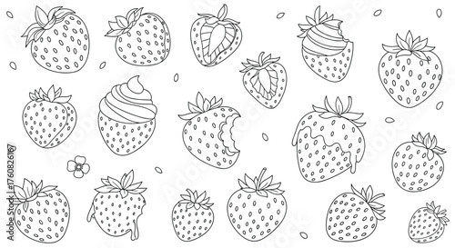 A collection of hand drawn strawberries in various styles.