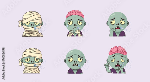 Cute pixel art set of cartoon zombie and mummy heads with various expressions.
