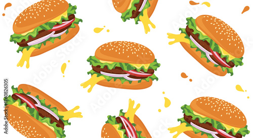 Delicious cheeseburgers with dripping cheese and bacon are falling.