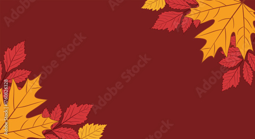 Autumn leaves decorate a deep maroon background with fall colors.
