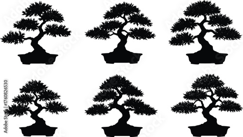 Bonsai tree silhouette collection, black vector illustration, Japanese miniature trees, elegant pruning styles, nature art, decorative plant design, isolated