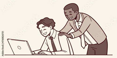 Simple line art illustration of a person working on a computer and a praising supervisor. Desk work.