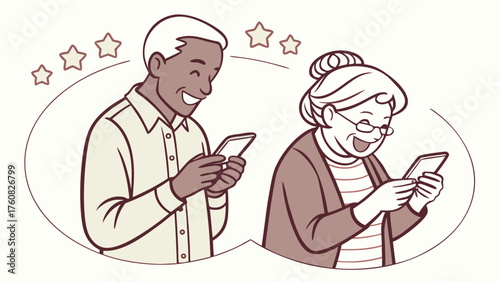 A simple illustration of an elderly people happily operating an electronic device. Vintage. Middle-aged man. Smartphone. Tablet. App. Stocks. Gambling.
