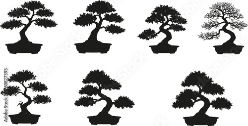 Bonsai tree silhouette collection, Japanese miniature trees, black vector icons, traditional pruning styles, artistic foliage, nature, zen, decor, illustration