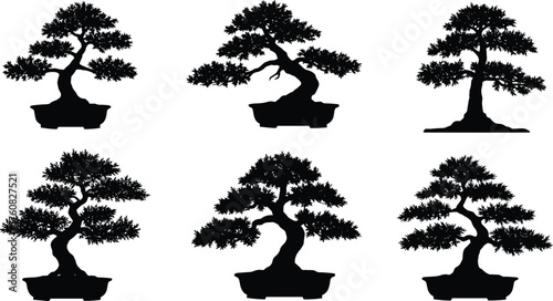 Bonsai tree silhouette, vector illustration, artistic foliage, decorative asset, black tree icon, nature design, potted plant, minimal style, zen garden