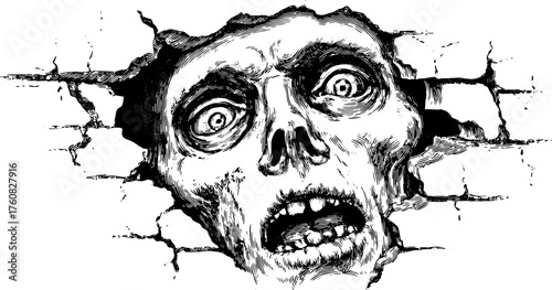 Skull art in vintage engraving style. Frightening black and white vector illustration featuring an intense expression and broken wall elements.