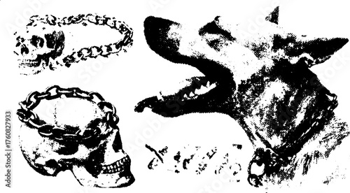 Dog illustration with skull and chain features. Monochrome vector graphic in a bold style, providing detailed textures in a striking set.