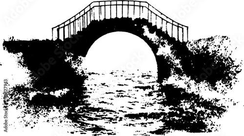 Antique bridge silhouette, hand-drawn engraving vector illustration of a landscape with water and scenery. This set captures a vintage feel.