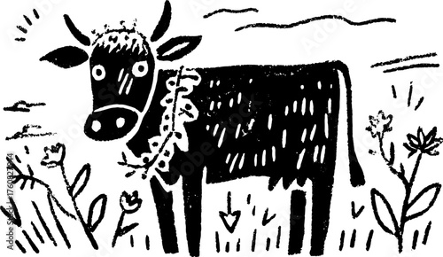 Black cow in a simple farm setting. This vector illustration depicts a tranquil rural landscape with floral elements.