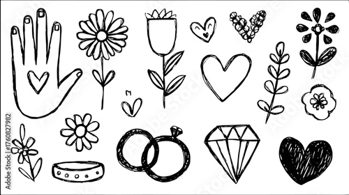 Hand-drawn flower and heart designs. Simple black line art vector illustration set featuring nature elements and decorative symbols.