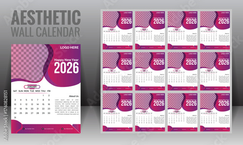 Futuristic and modern hanging wall calendar design featuring 12 individual monthly pages, each crafted with organic shapes and smooth gradient colors for a clean, striking, and elegant appearance.