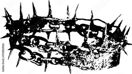 Black thorn crown illustration with spikes and a textured design. Digital vector graphic featuring a unique cultural representation set in monochrome style.