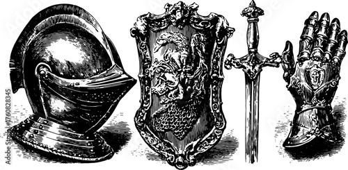 Antique medieval weaponry set featuring a helmet, sword, shield, and glove. Detailed line illustration in vintage style, perfect for historical vector.