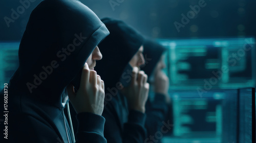 Group of scammer wearing a hoodie is talking on a cell phone, fraud and criminal concept