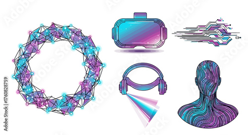 Elegant metaverse vector elements with polygonal wreath, VR headset, and avatar for digital studio branding
