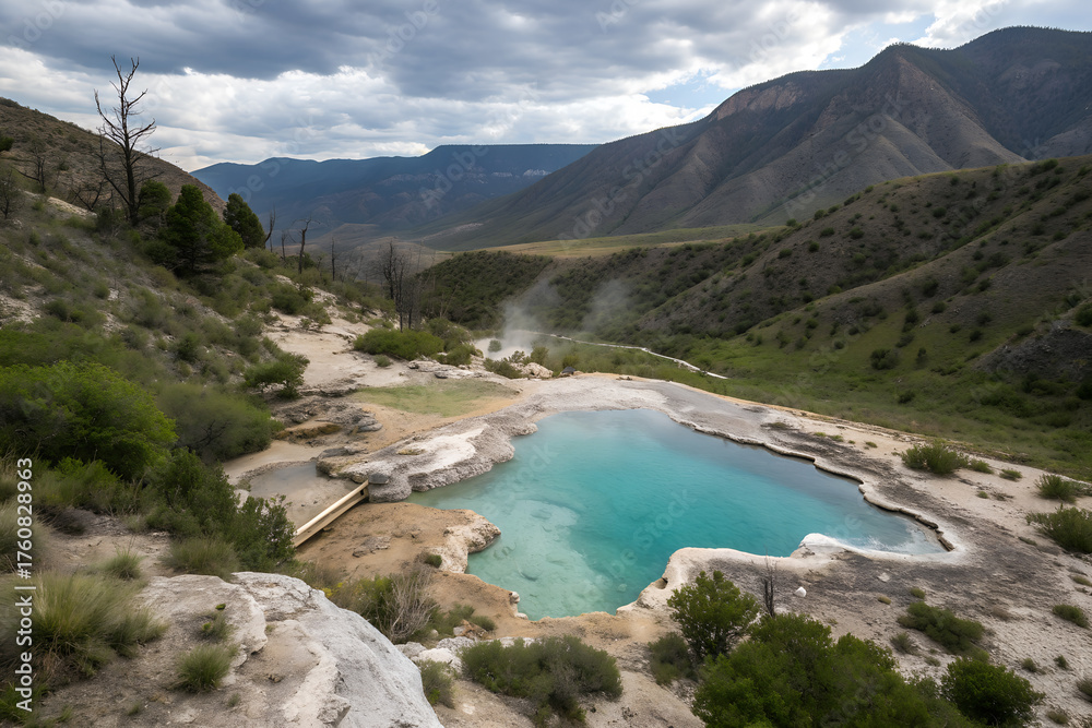 Obraz premium Scenic geothermal hot spring nestled in a valley surrounded by green hills and mountains, with steam rising under cloudy sky. Peaceful travel and relaxation concept.