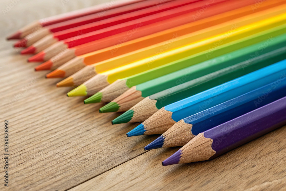 Obraz premium A vibrant array of colored pencils arranged diagonally on a light wood surface, showcasing the full spectrum of the rainbow in a visually pleasing and artistic composition.