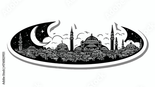 Historic cityscape silhouette vector art featuring ancient domed buildings, towering minarets, and a crescent moon night sky.