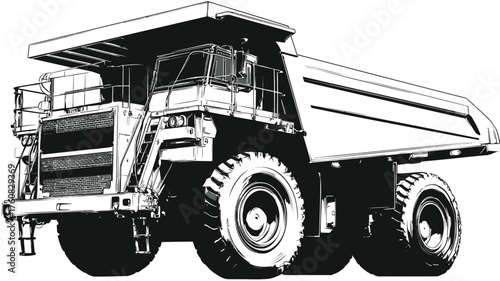 Heavy-duty off-highway dump truck vector illustration, industrial mining vehicle for earth moving and material hauling.