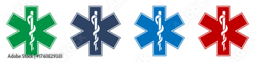 Set of medical emergency star of life symbols in green, navy, blue and red colors. Vector illustration showing healthcare and ambulance icons for hospital, clinic and emergency service designs.