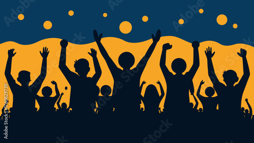 Silhouette crowd cheering with raised arms and dots background