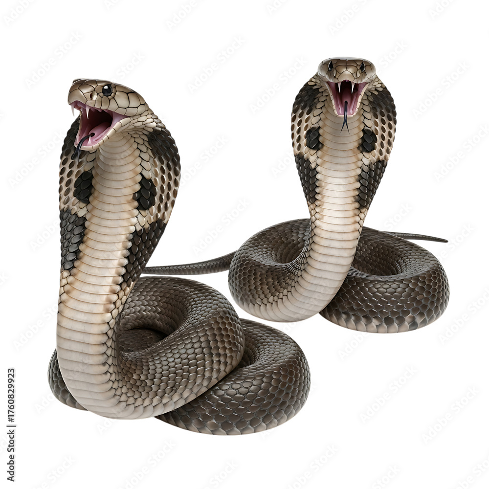 Fototapeta premium Two King Cobras, with open mouths and forked tongues displayed, cutout, PNG isolated on white or transparent background snake