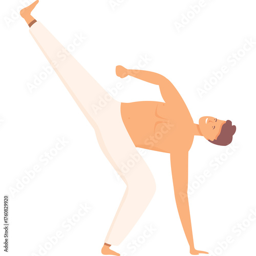 Bare Chested Man Wearing White Pants Performing Dynamic Kick Move In Transparent Background