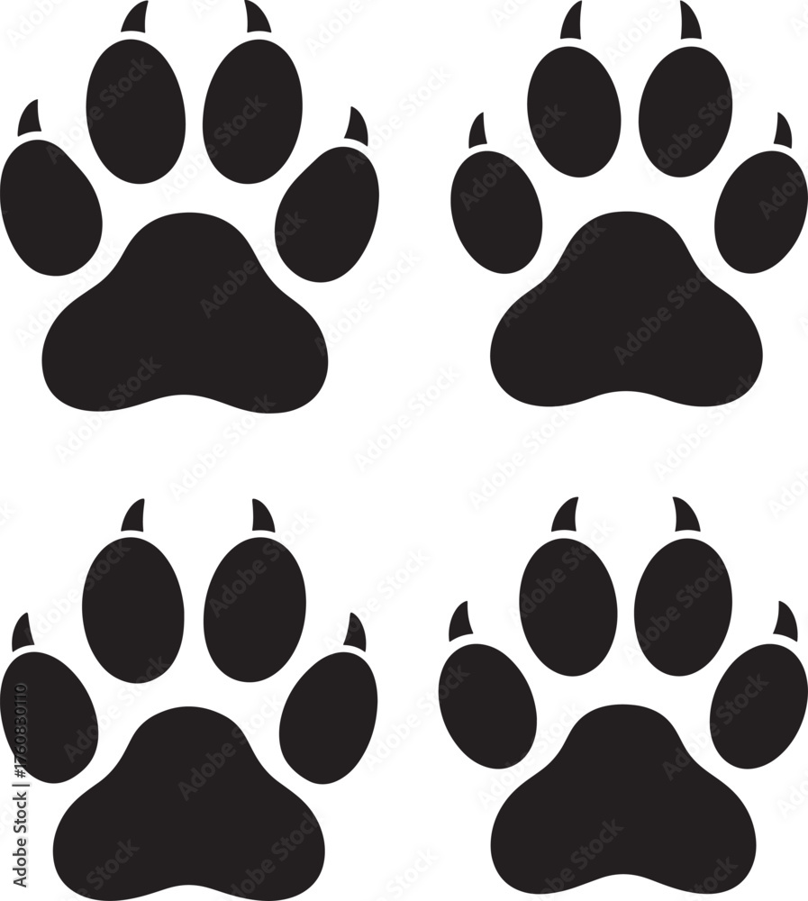 Fototapeta premium Four black wolf paw prints silhouette