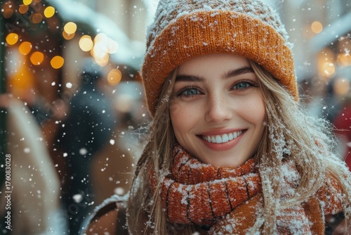 Woman in winter hat and scarf smiles at camera.