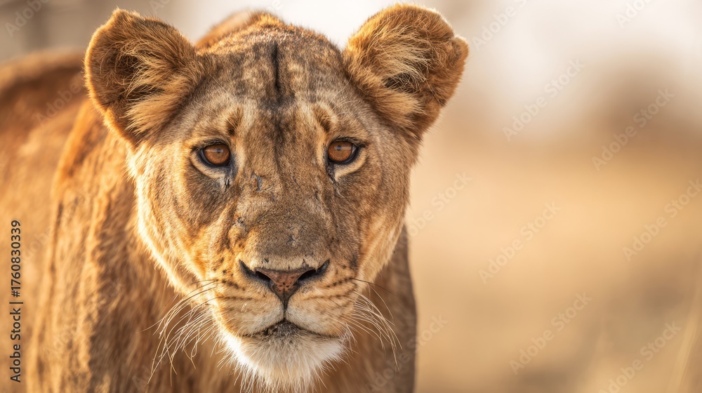 Naklejka premium ferocity. Lioness portrait with intense gaze and detailed fur in golden savannah setting. wildlife magazines, conservation campaigns, designed for wildlife conservation campaigns.