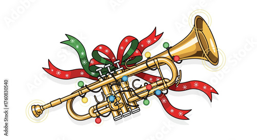 Festive Gold Trumpet with Christmas Lights and Red and Green Ribbon Decoration.
