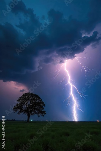A dramatic thunderstorm rolls in, a powerful thunderbolt striking a distant tree, illuminating the dark sky The raw power of nature is captured in this breathtaking image , rumbling, dark