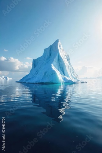A lone iceberg floats serenely in a vast, tranquil ocean; sunlight glints off its icy surface, creating a breathtaking scene of arctic isolation and cool beauty , tranquil, peaceful