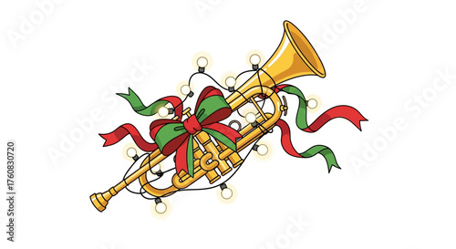 Festive Golden Trumpet Adorned with Christmas Ribbons and Lights.