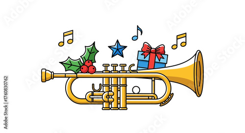 Festive Golden Trumpet with Christmas Decorations and Musical Notes.
