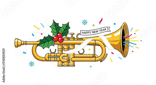 Festive Golden Trumpet with Holly and Happy New Year Banner 1.