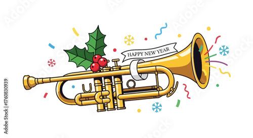 Festive Golden Trumpet with Holly and Berries Celebrating Happy New Year.