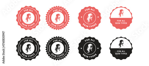 For all skin types label icon set. Face beauty women skin care packaging label for cream, toner, moisturizer, facial mask, lotion, logo, badge, symbol, black, line vector, isolated on white background
