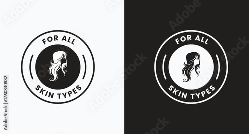 For all skin types label icon set. Face beauty women skin care packaging label for cream, toner, moisturizer, facial mask, lotion, logo, badge, symbol, black, line vector, isolated on white background