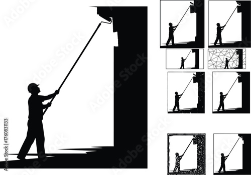 Construction worker silhouette painting wall, renovation concept, industrial labor art, repetitive motion, textured backgrounds, vector illustration for design and storytelling