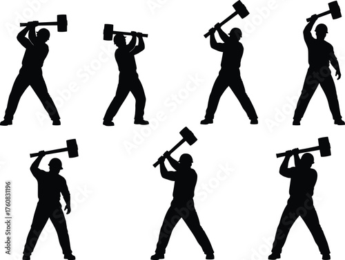 Construction worker silhouette, sledgehammer poses, manual labor vector, industrial strength, safety gear, demolition action, black figure illustration for design use