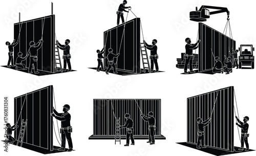 Construction workers assembling wall panels, teamwork in building site, crane lifting structure, industrial labor process, silhouette vector illustration for architecture content