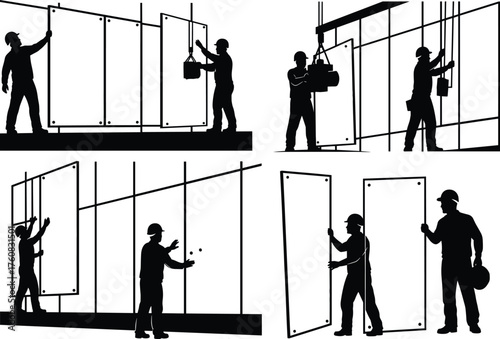 Construction workers installing glass panels with suction lifters, safety harnesses, realistic silhouette illustration for architecture, building maintenance, and safety training content