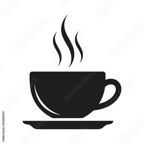 Black silhouette of a steaming coffee cup and saucer on a white background vector