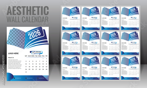 Tableau sur toile Minimalistic and modern 2026 wall calendar design template featuring 12 monthly pages with organic shapes and a sleek blue gradient, creating an aesthetic appeal