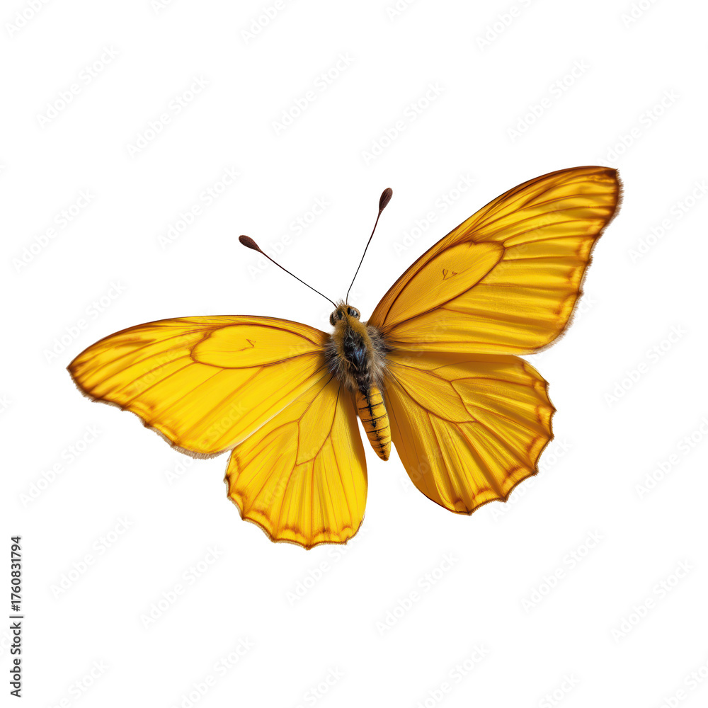 Naklejka premium Bright Yellow Butterfly with Delicate Wings Against a White Background