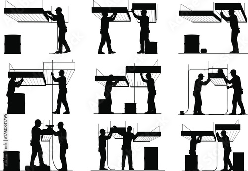 Construction workers silhouette, teamwork, lifting structure, industrial safety, inspection process, engineering tools, heavy equipment, black vector grid, maintenance operation, labor force
