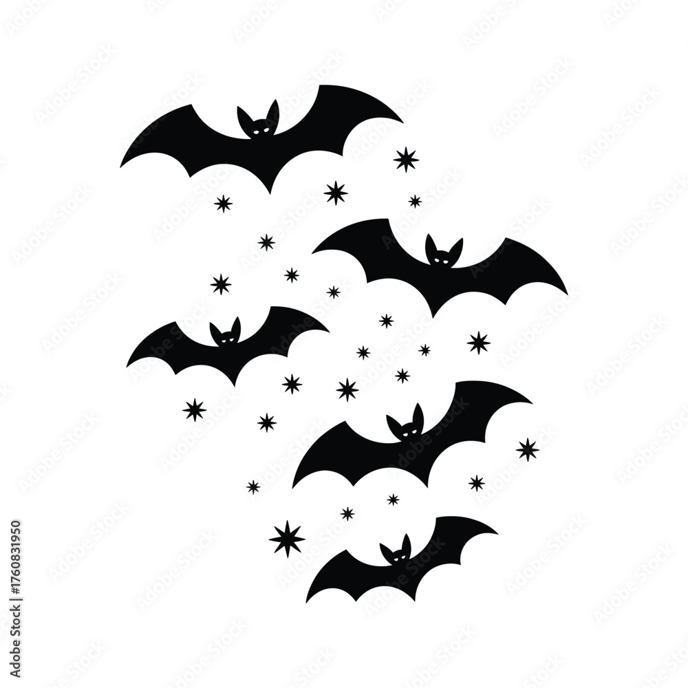 Naklejka premium Halloween bats collection, star around bats, October party decor, Halloween bat swarm silhouette set, Scary vector